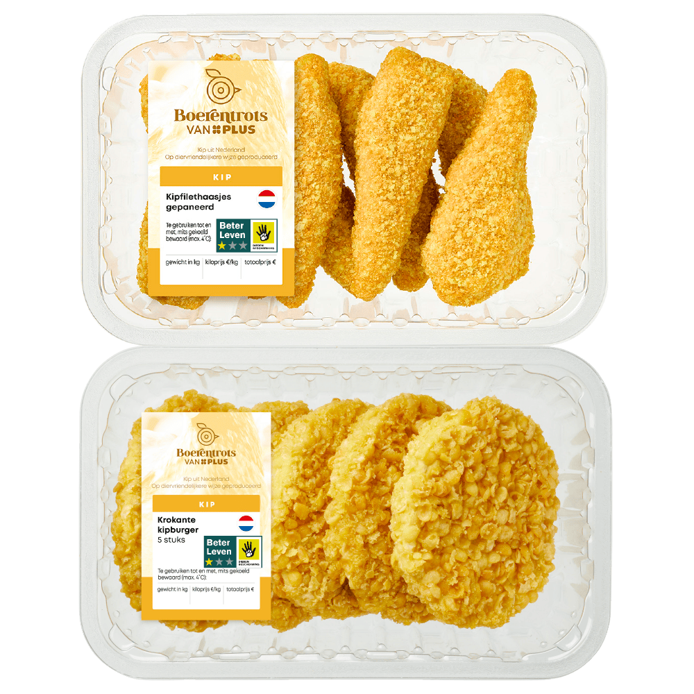 Gepaneerde en krokante kiphaasjes en -burgers
