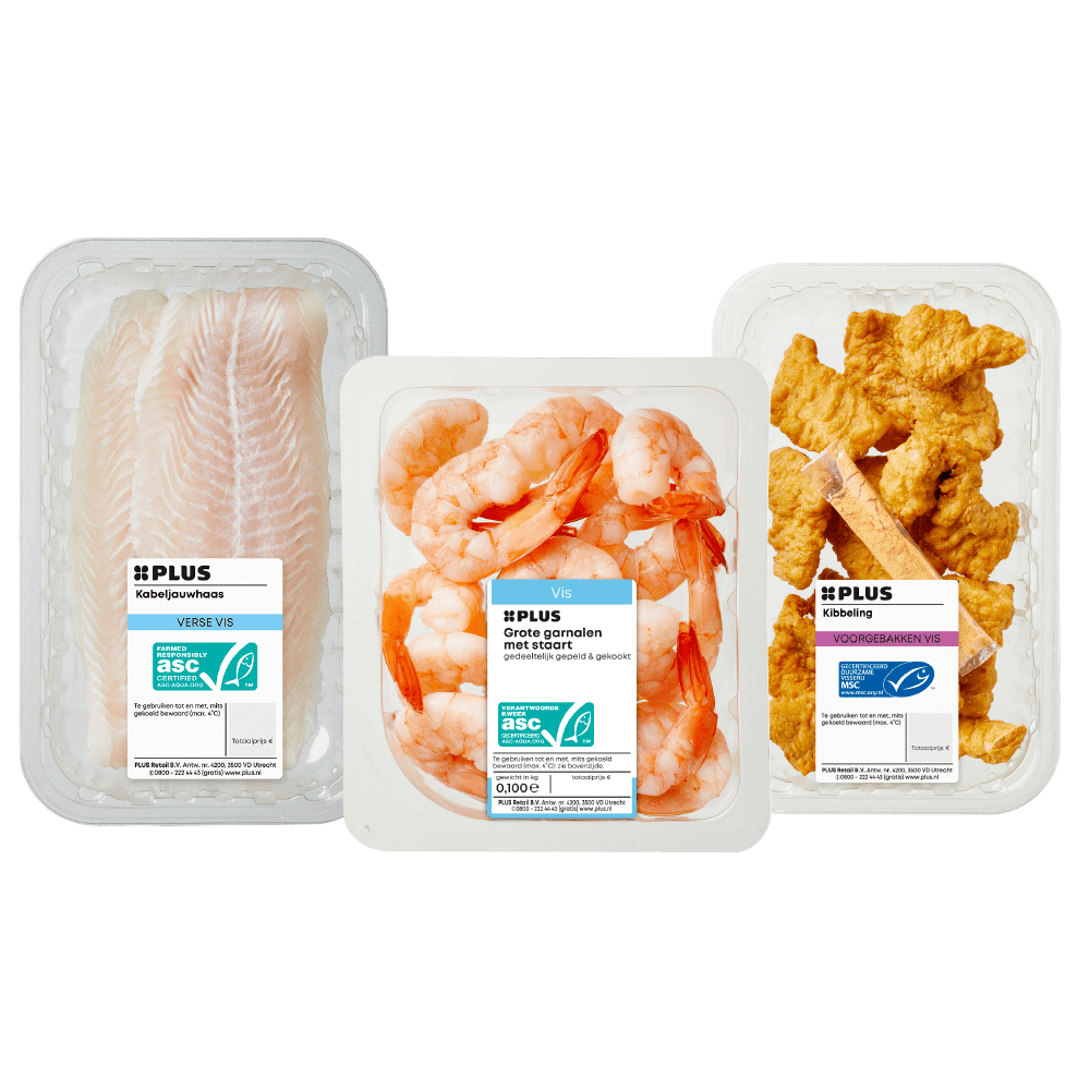 PLUS Gebakken kibbeling, pangasiusfilet en grote garnalen met staart