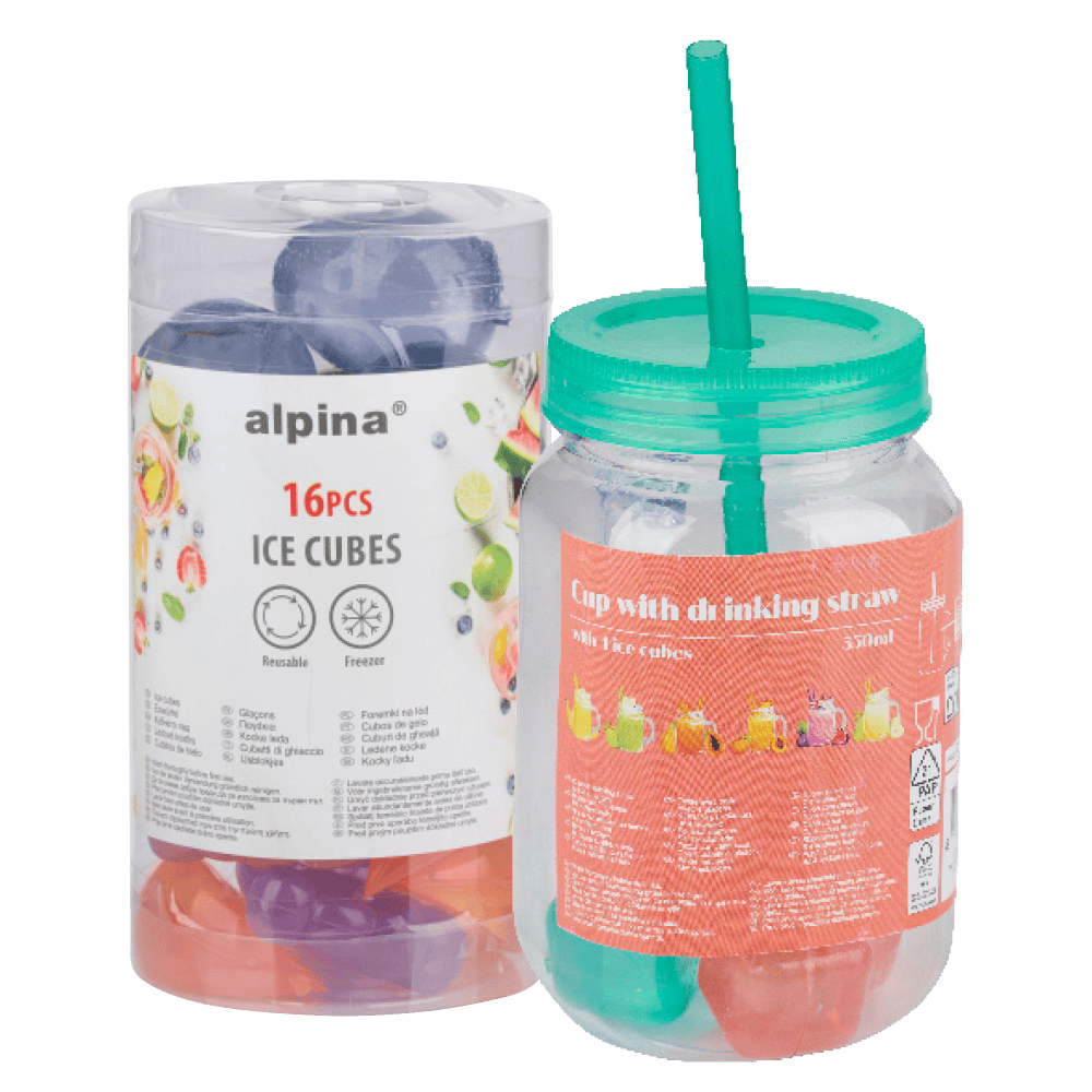 Beker met rietje en deksel en Alpina IJsklontjestray