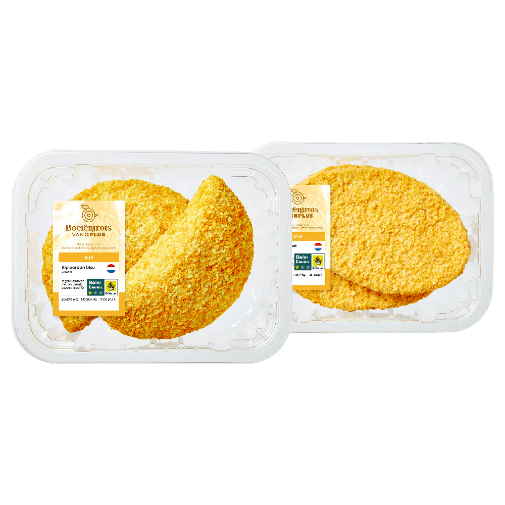 Boerentrots van PLUS Kipschnitzels en kip cordon bleu's