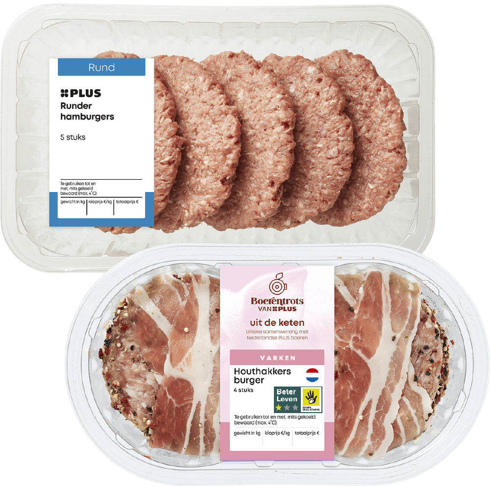 Houthakkers burgers en kipburgers en PLUS Runder hamburgers