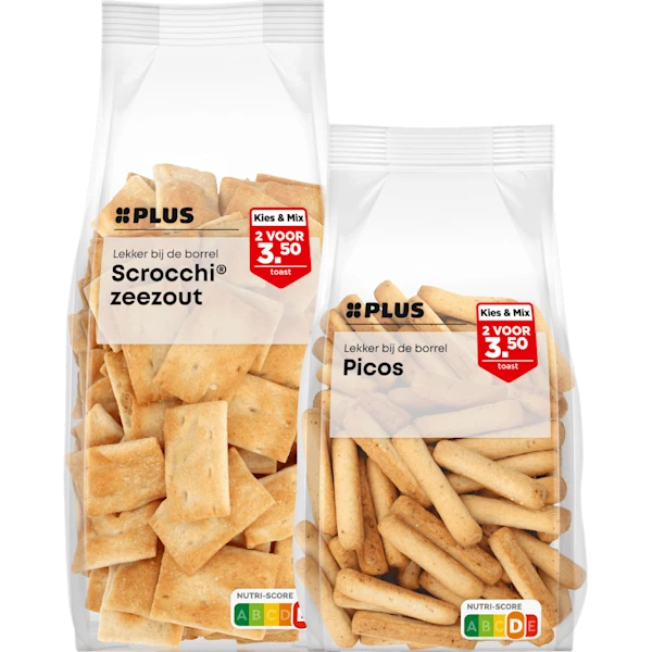 PLUS Kies & Mix Dipstokjes, grissini, picos of scrocchi