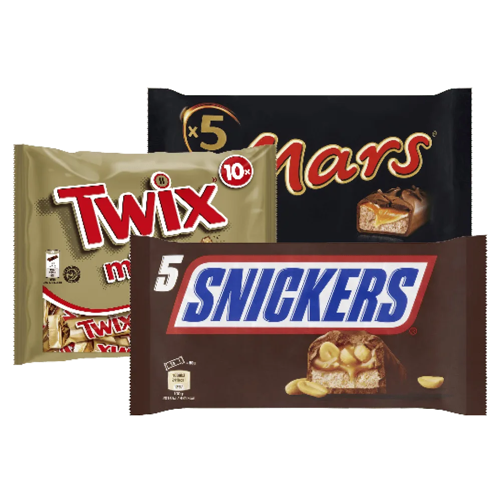Bounty, Mars, Milky Way, Snickers, Twix Mini's en Multi's