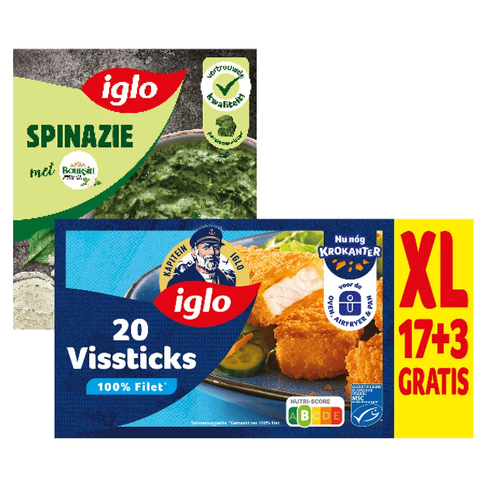 Iglo Vissticks, spinazie á la crème en -boursin