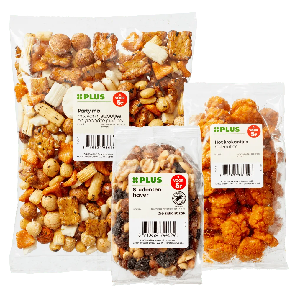 PLUS Kies & Mix Pinda's, noten en rijstzoutjes