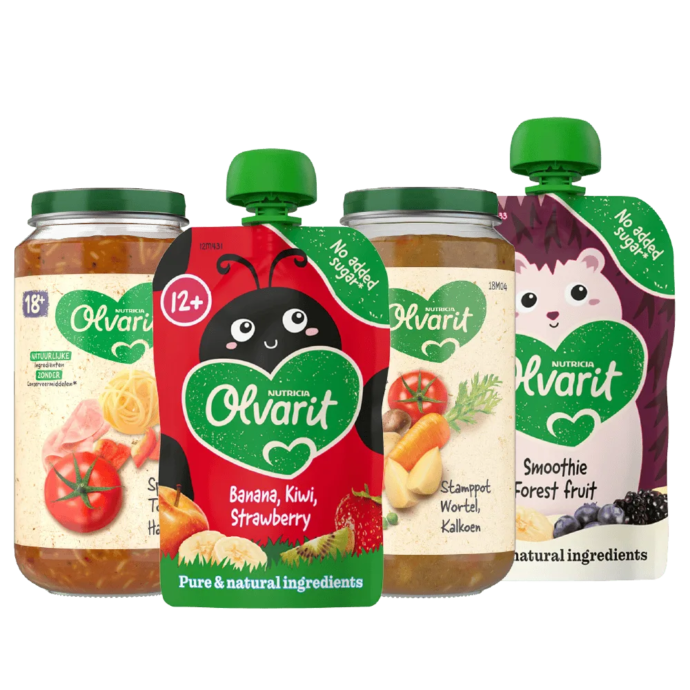 Alle Olvarit Potten, knijpverpakkingen en snacks