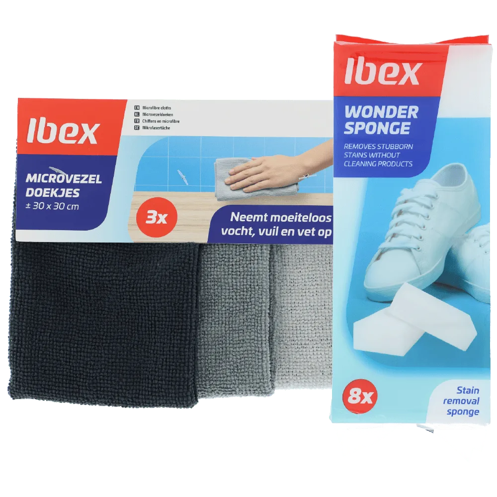 Ibex Microvezeldoek Set 3 stuks en wonderspons Pak 8 stuks