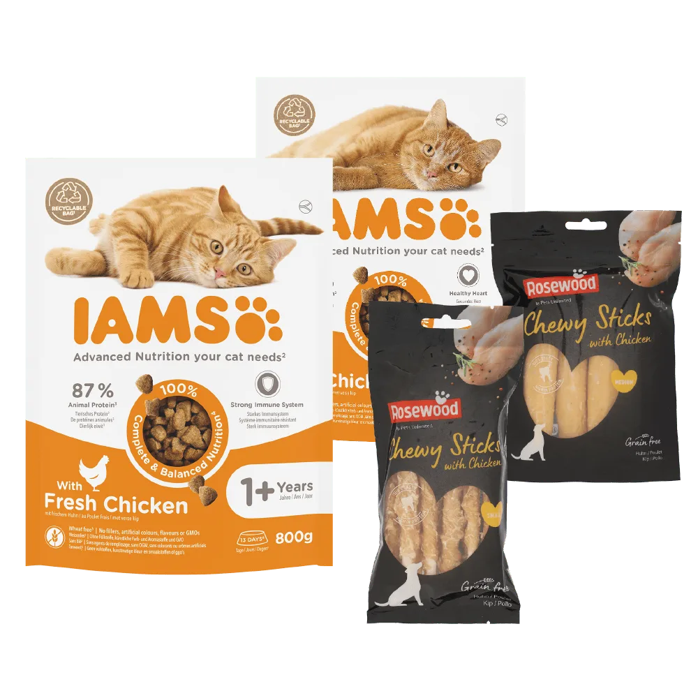 Alle Rosewood en Pet's Unlimited snacks en alle IAMS