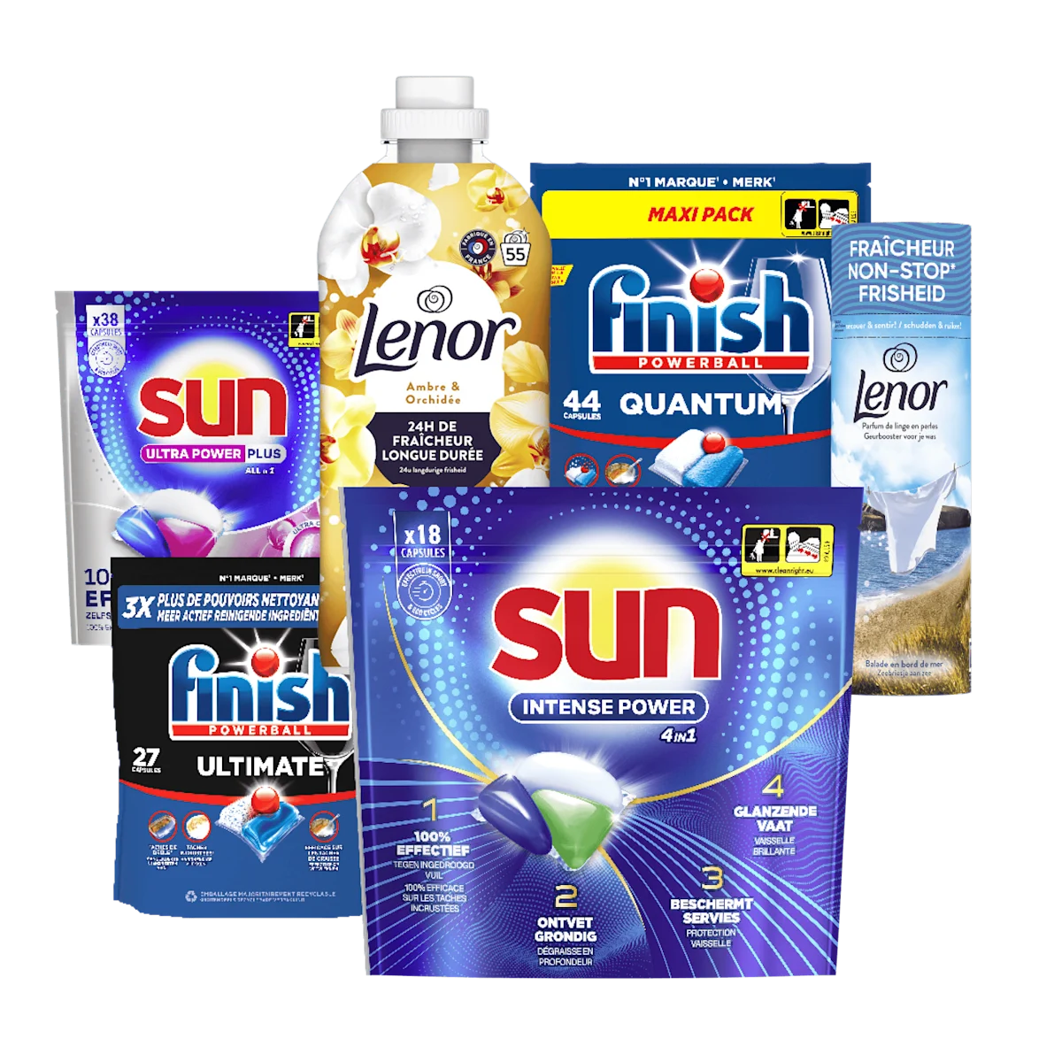 Alle Lenor en Finish en Sun vaatwascapsules