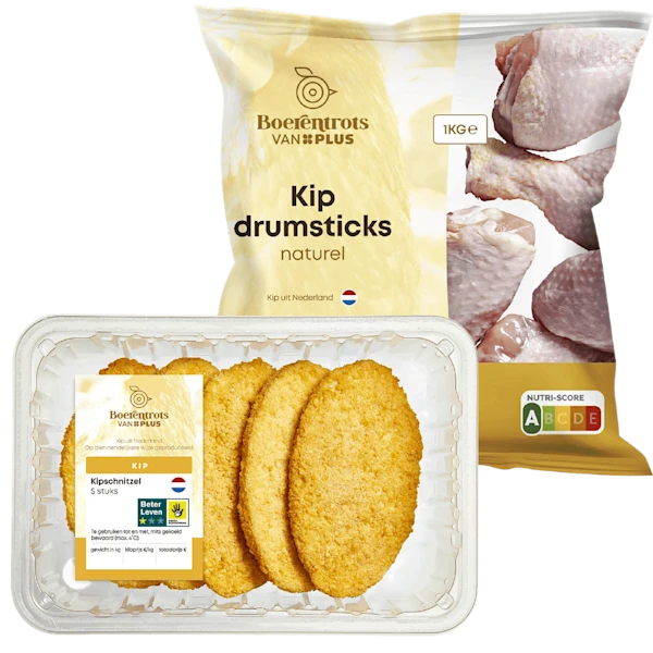 PLUS Boerentrots Kipschnitzels en kipdrumsticks