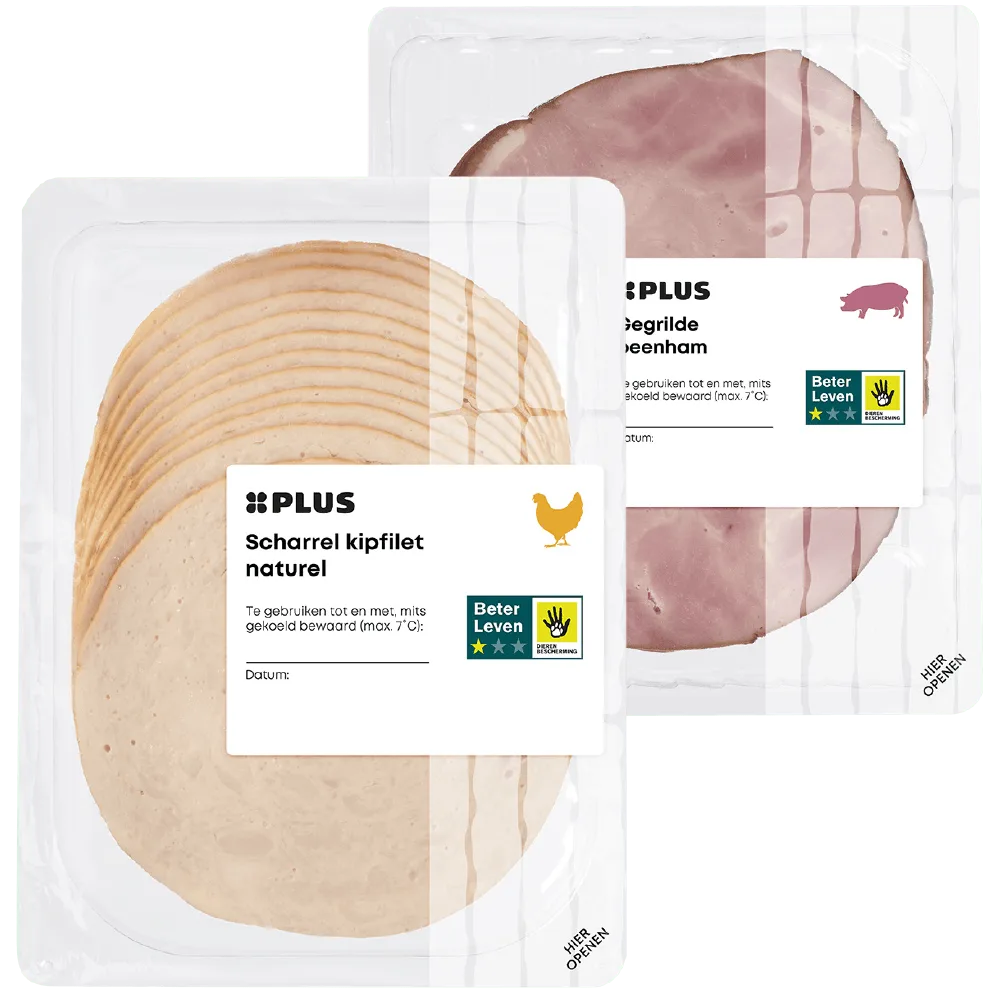 PLUS Scharrel kipfilet, pepercervelaat en gegrilde beenham