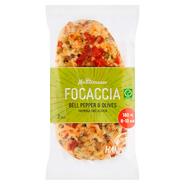 Mediterraneo Focaccia met paprika en olijven