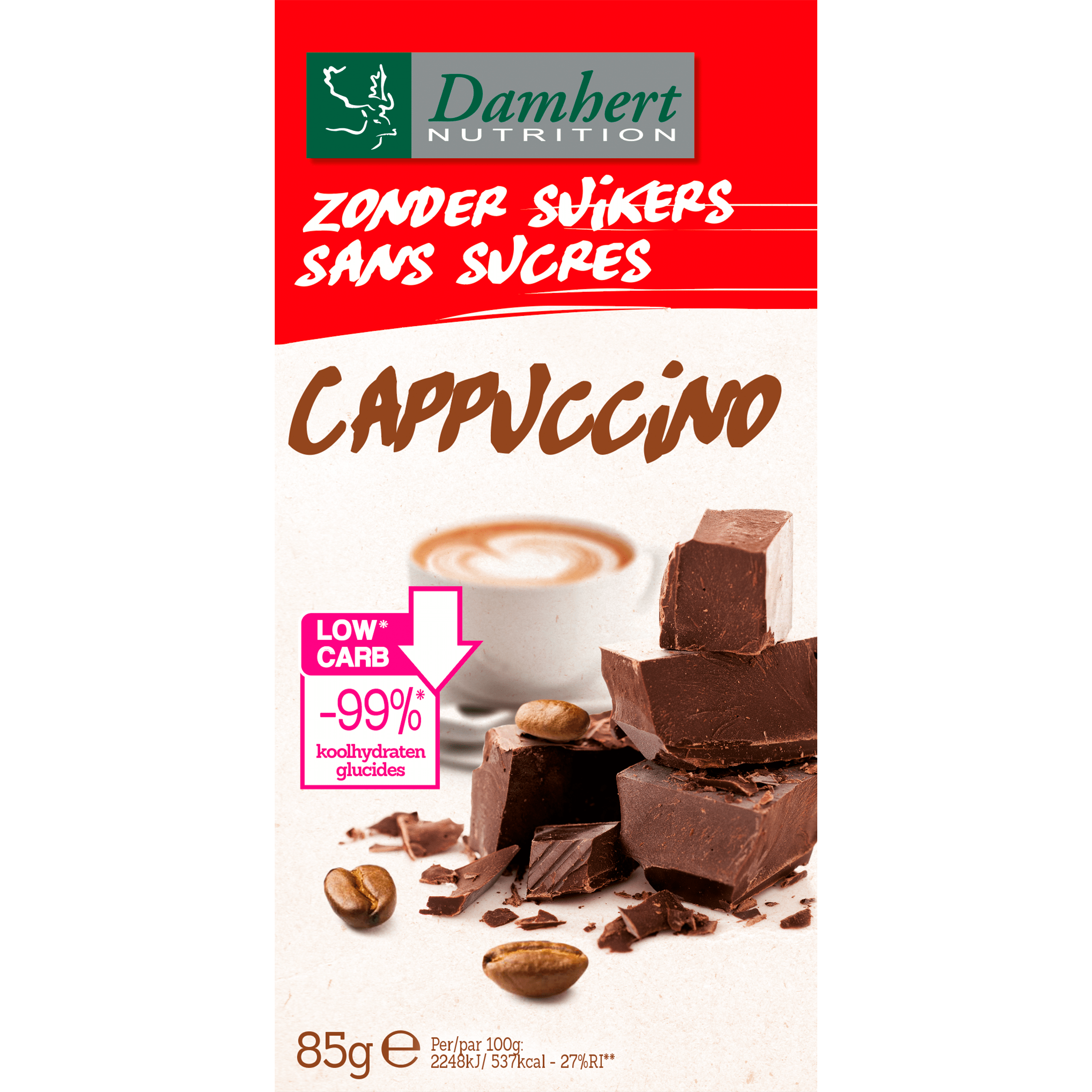 Damhert Chocoladereep cappu. zonder suikers Per Krimp 85 g Damhert Chocoladereep cappu. zonder suikers Per Krimp 85 g