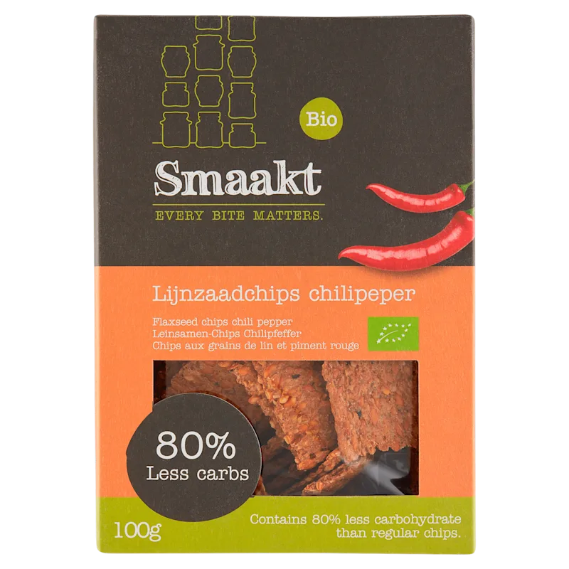 Smaakt Less Carb Lijnzaadchips Chili bio