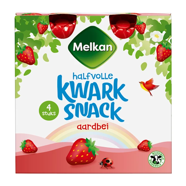 Melkan Toetiemonster Zuivelsnack Halfvolle kwark aardbei 4s