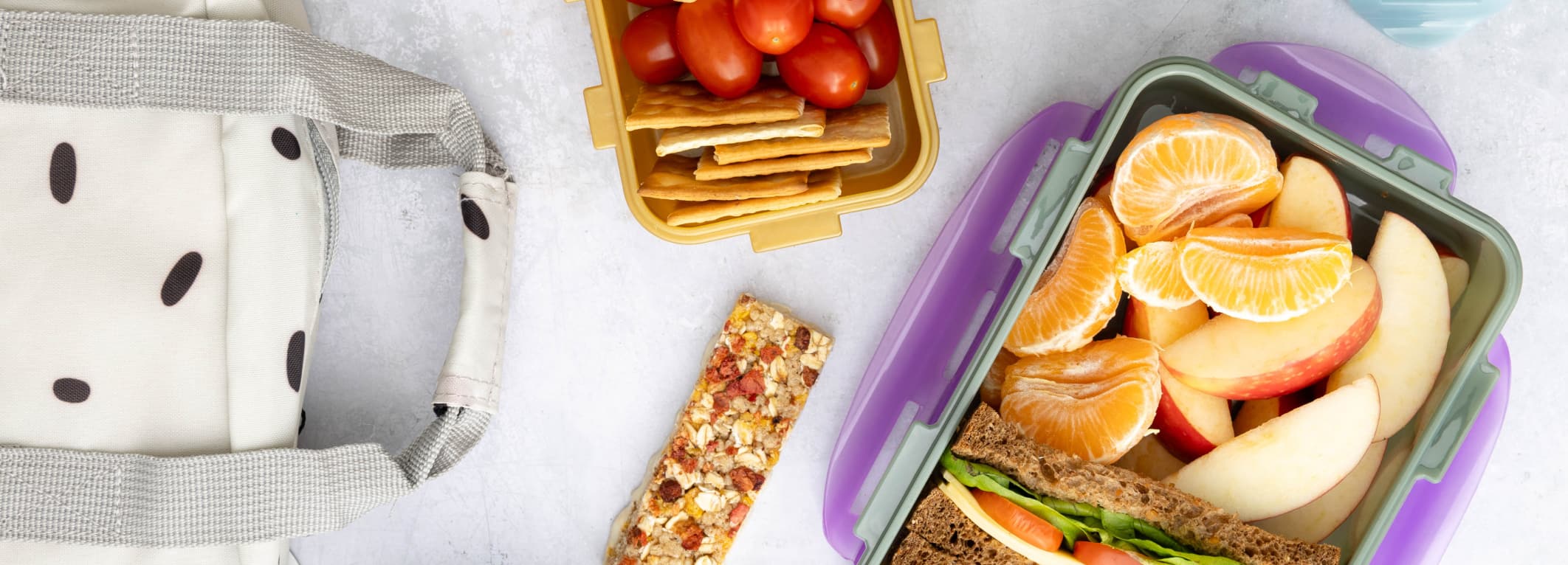 Een lunchpakket met een sandwich met sla en tomaat, sinaasappelpartjes, appelpartjes, cherrytomaten, crackers en een mueslireep.