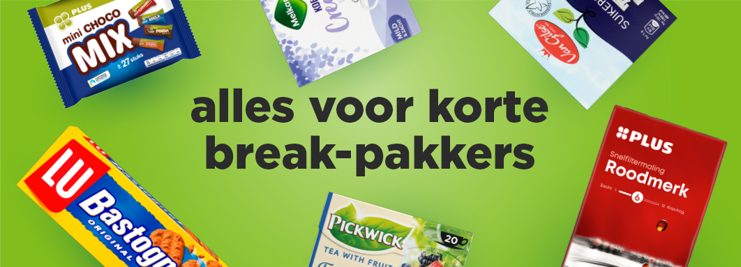 Producten voor een koffiemoment, zoals koffie, koekjes, suiker. 