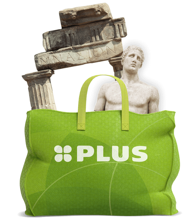 Groene PLUS-tas gevuld met klassieke elementen zoals zuilen, een beeldtorso en steenblokken.