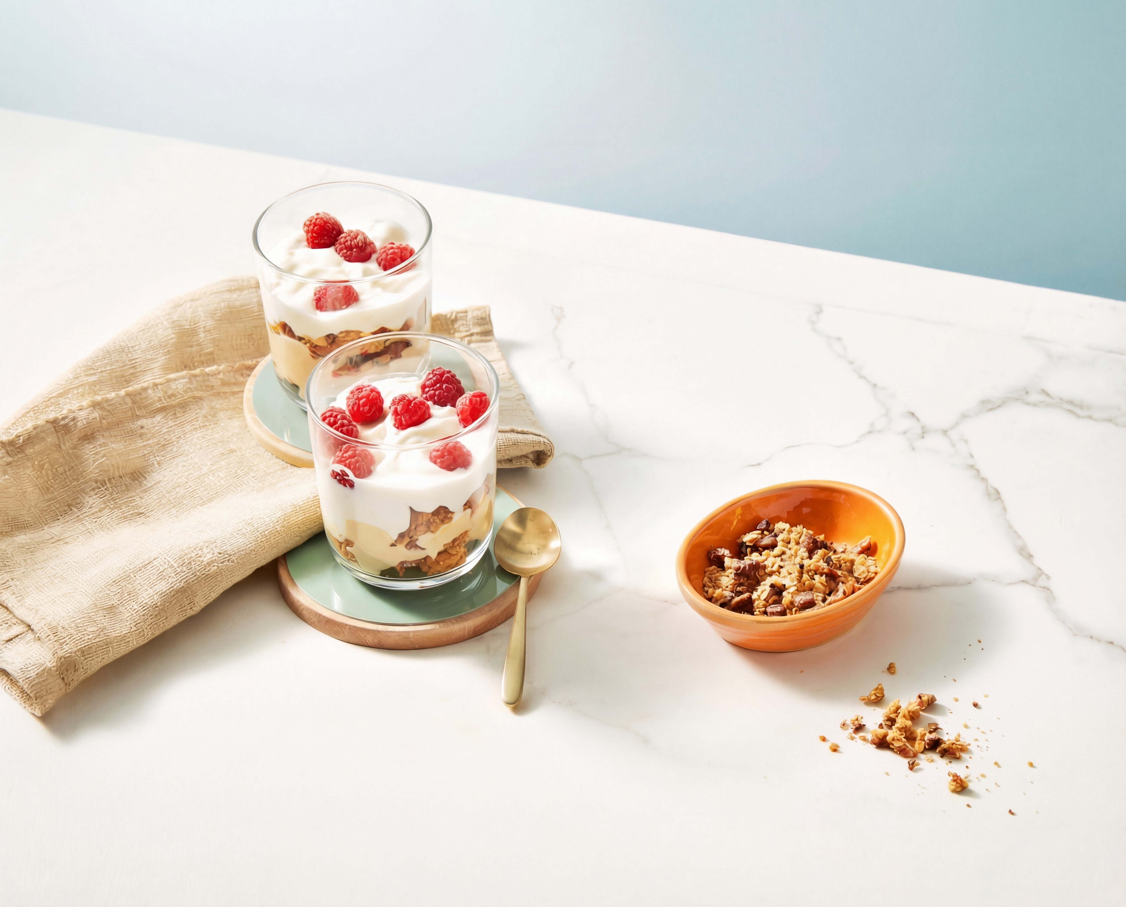 Duo koekjesdessert met frambozen en vanillecrème