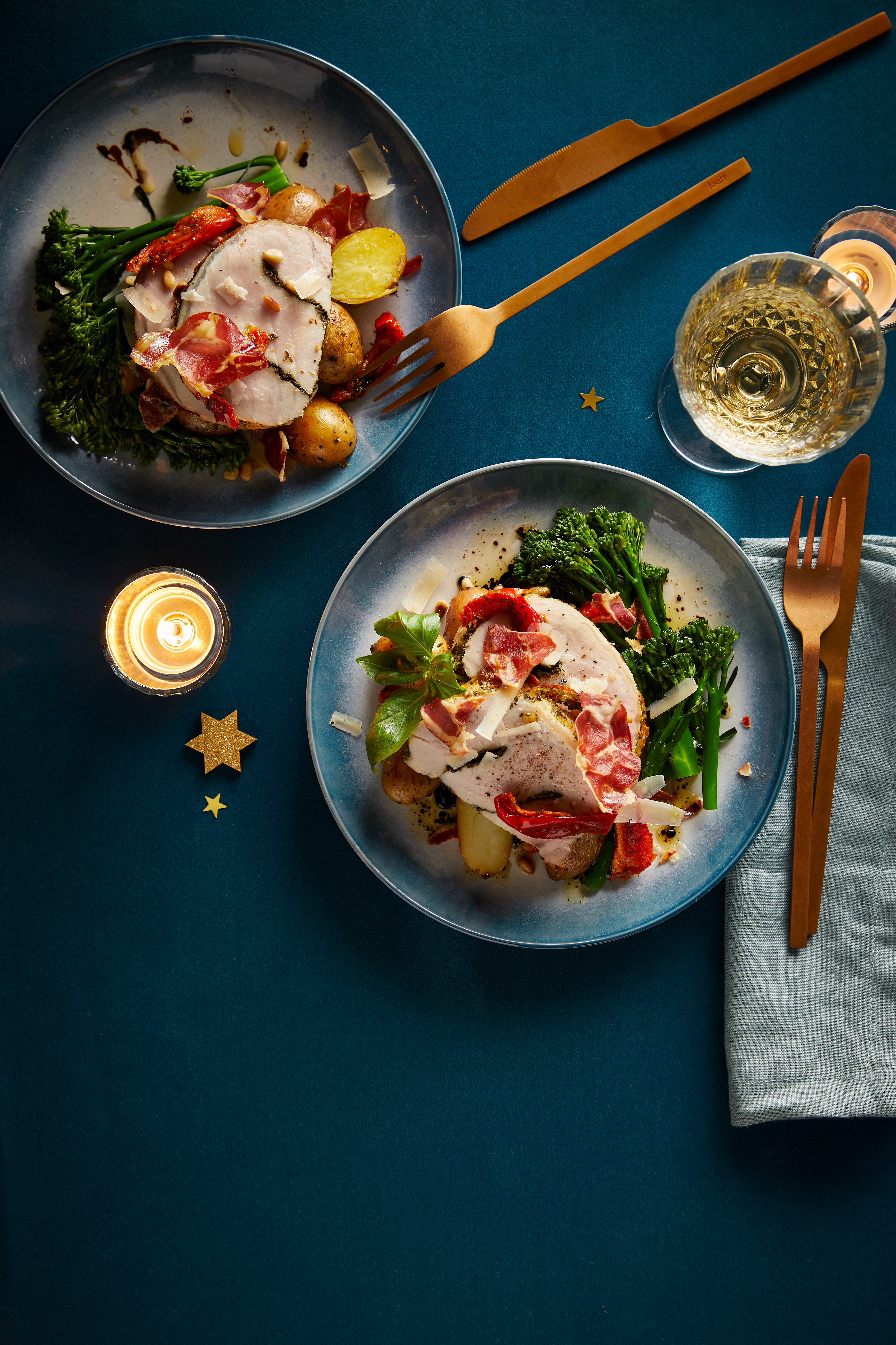 Pestorollade met krokante coppa en bimi