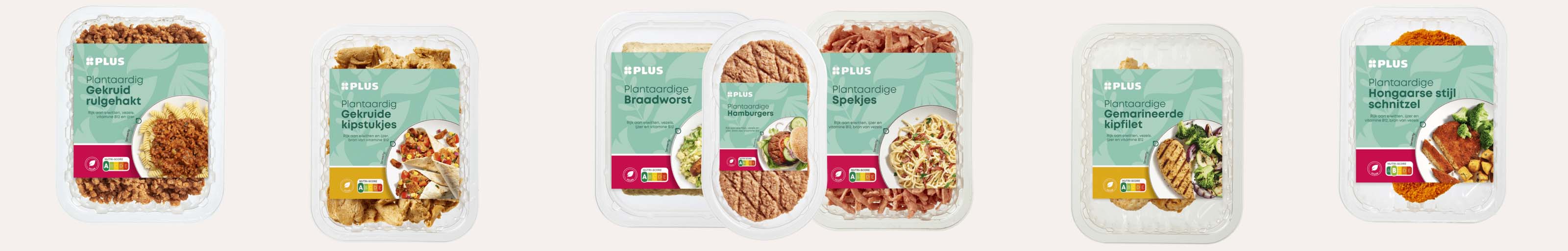 Vegetarische producten van PLUS waaronder vegetarische kipstukjes en plantaardig rulgehakt.
