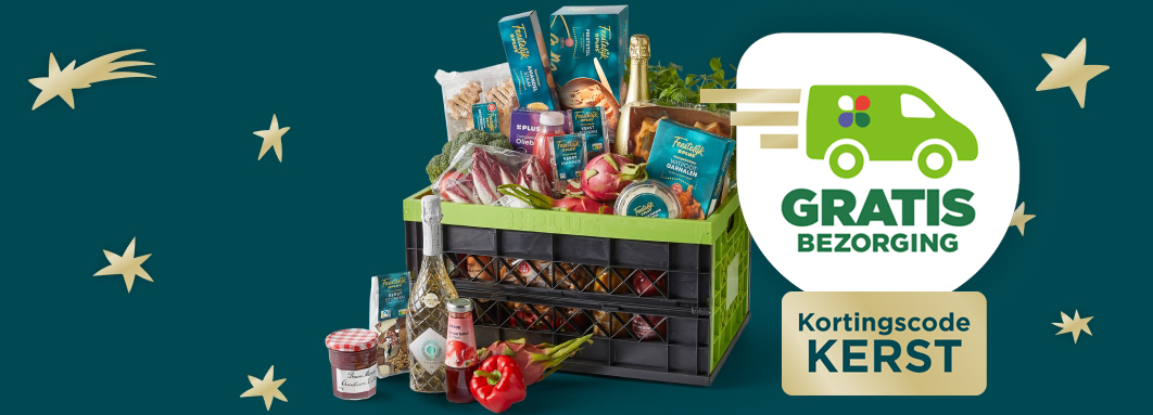 Krat met kerstboodschappen en GRATIS thuisbezorgd kortingscode.