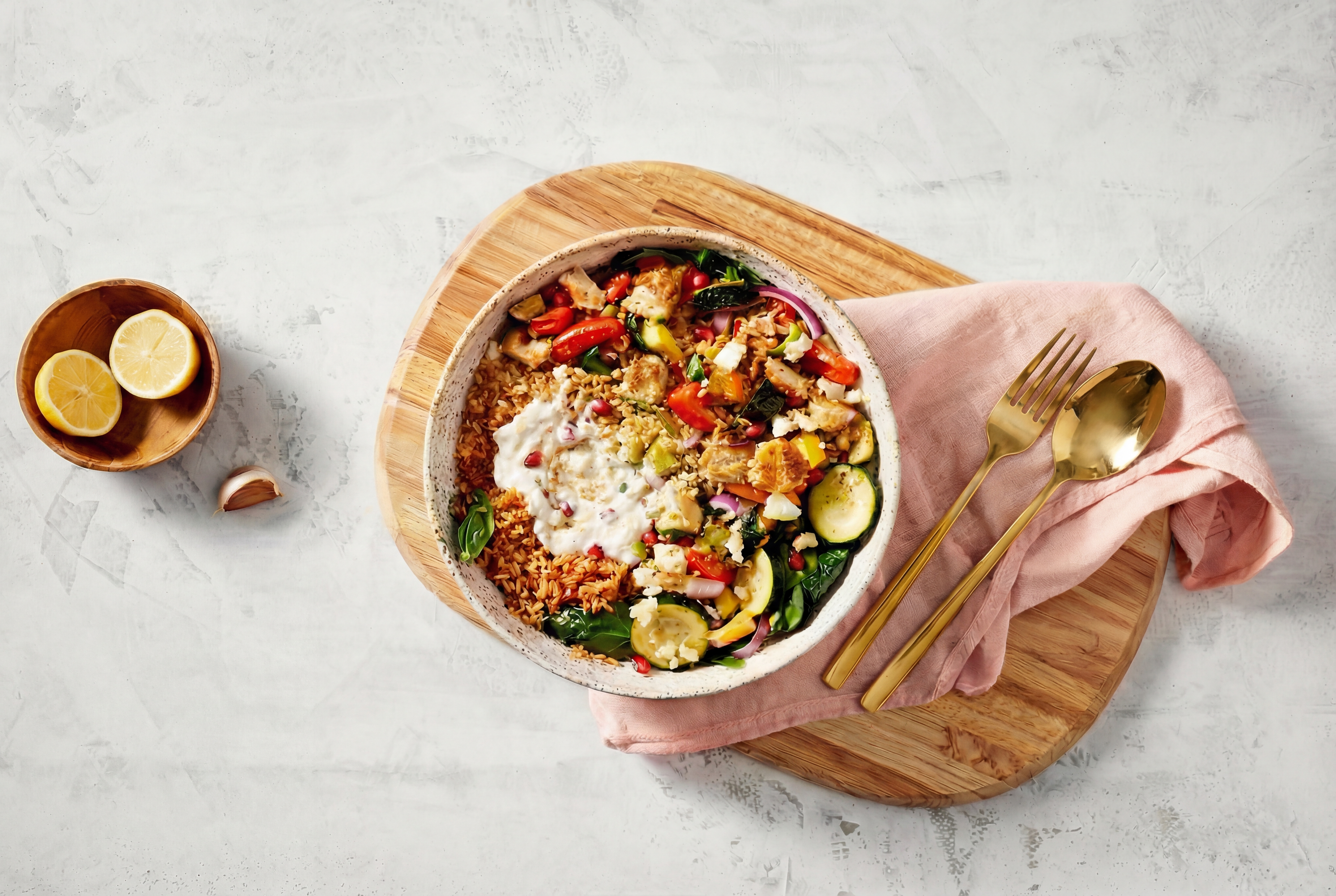 Loaded bulgur bowl met kip en geroosterde groenten