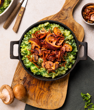 Stamppotgemak boerenkool met champignonmix en (vegetarische) spekjes