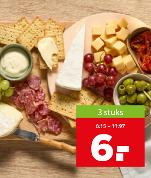 Borrel aanbieding, 3 voor 6 euro
