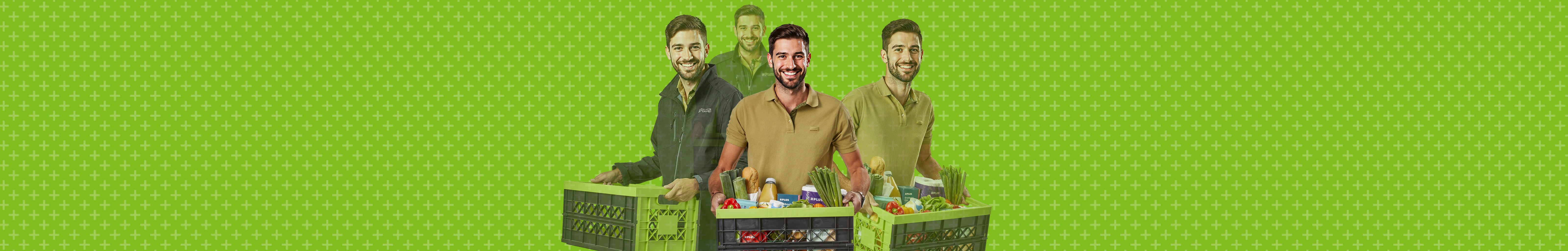 PLUS-medewerker met boodschappenkratten op groene achtergrond. Actie: 4x gratis bezorging.