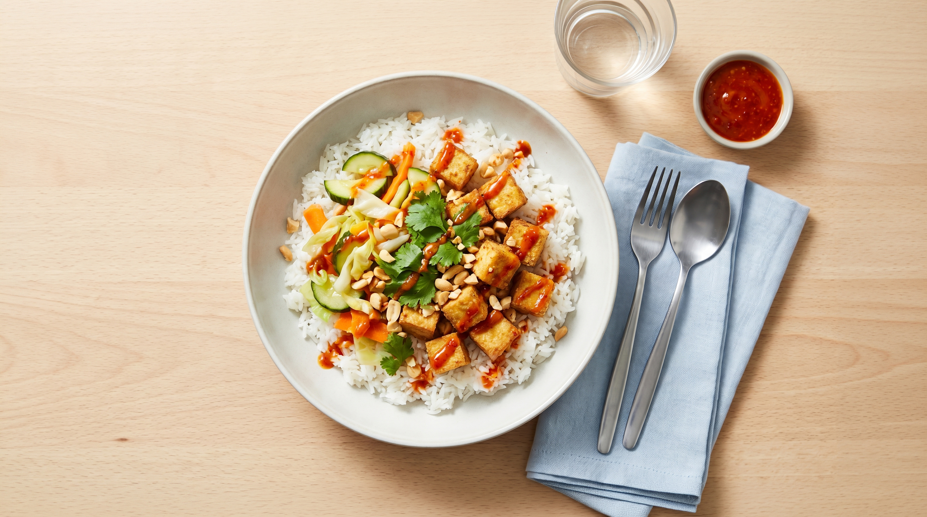 Pittige bowl met krokante tofu en atjar