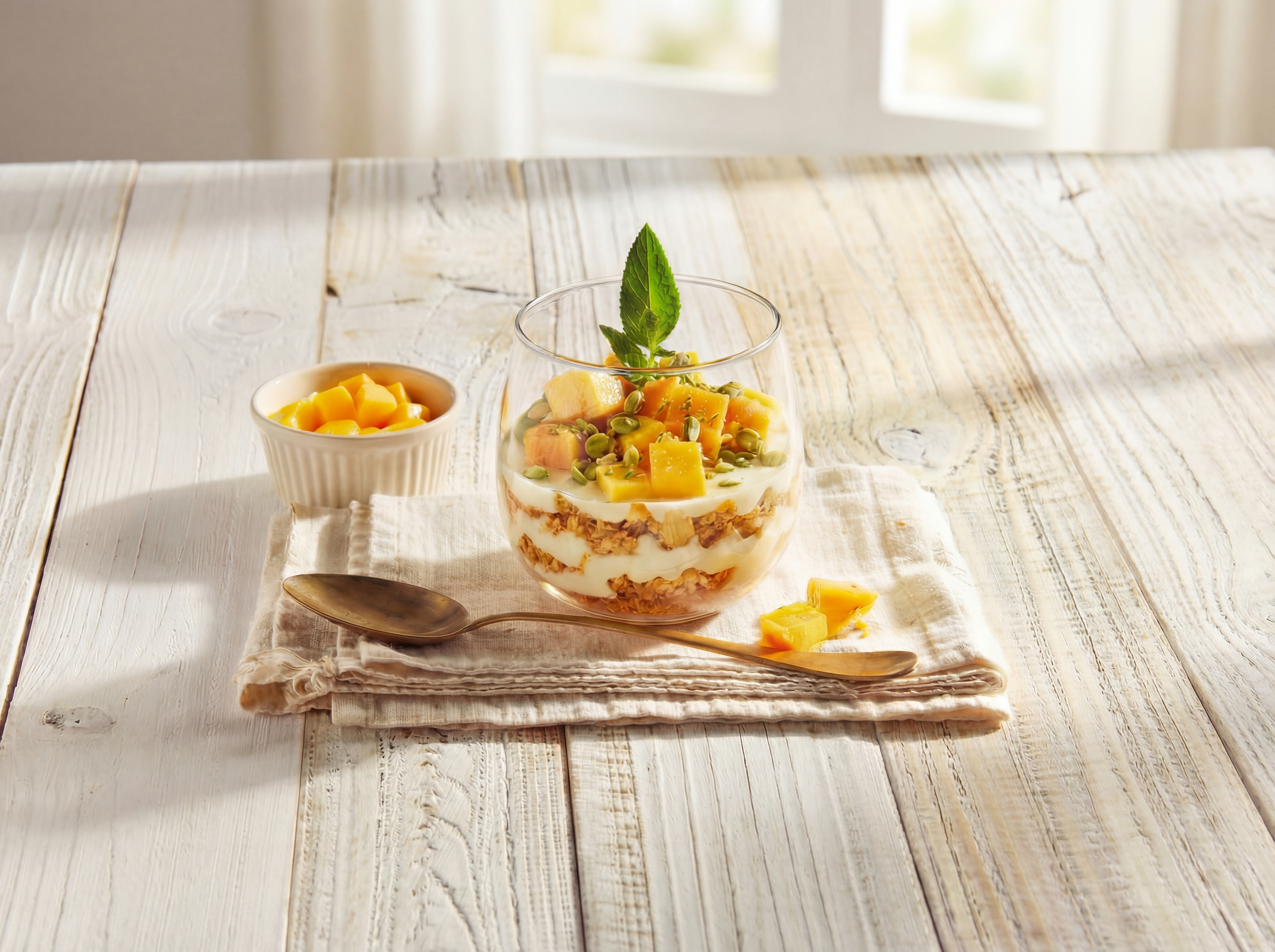 Cheesecake in een glaasje met speculaas en mango