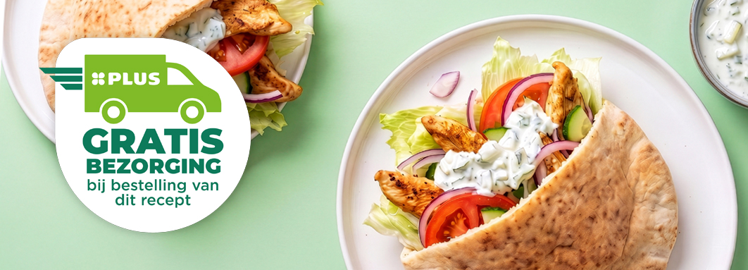 Gratis bezorging bij aankoop van de ingrediënten van het Beter Bikken Recept Pita met kip, rauwkost en tzatziki.				