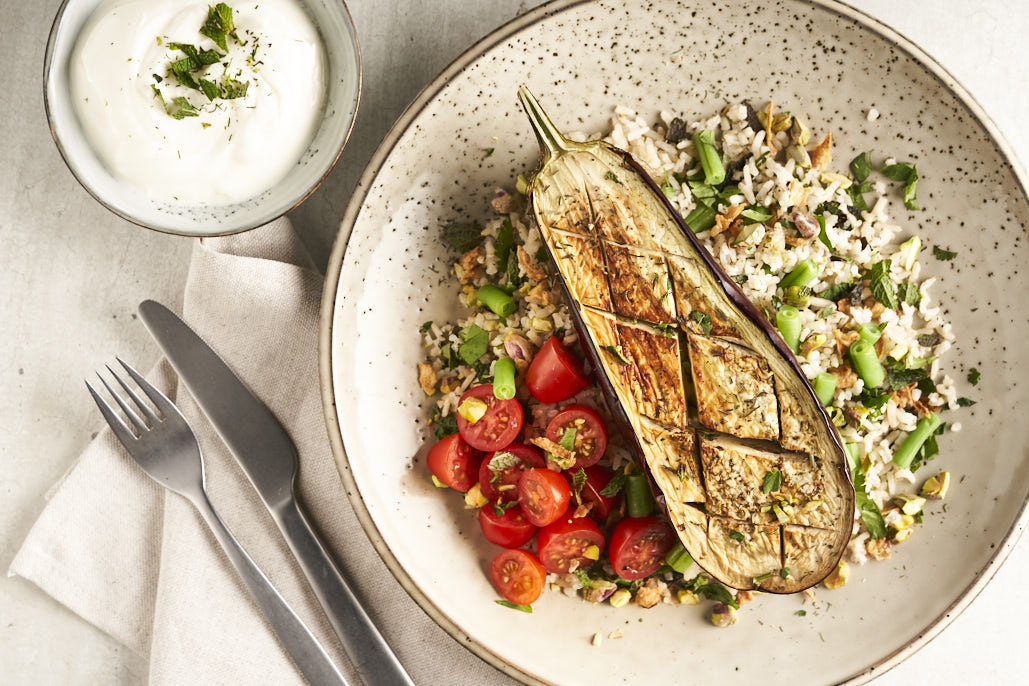 Geroosterde aubergines met Midden-Oosterse kruidenrijst