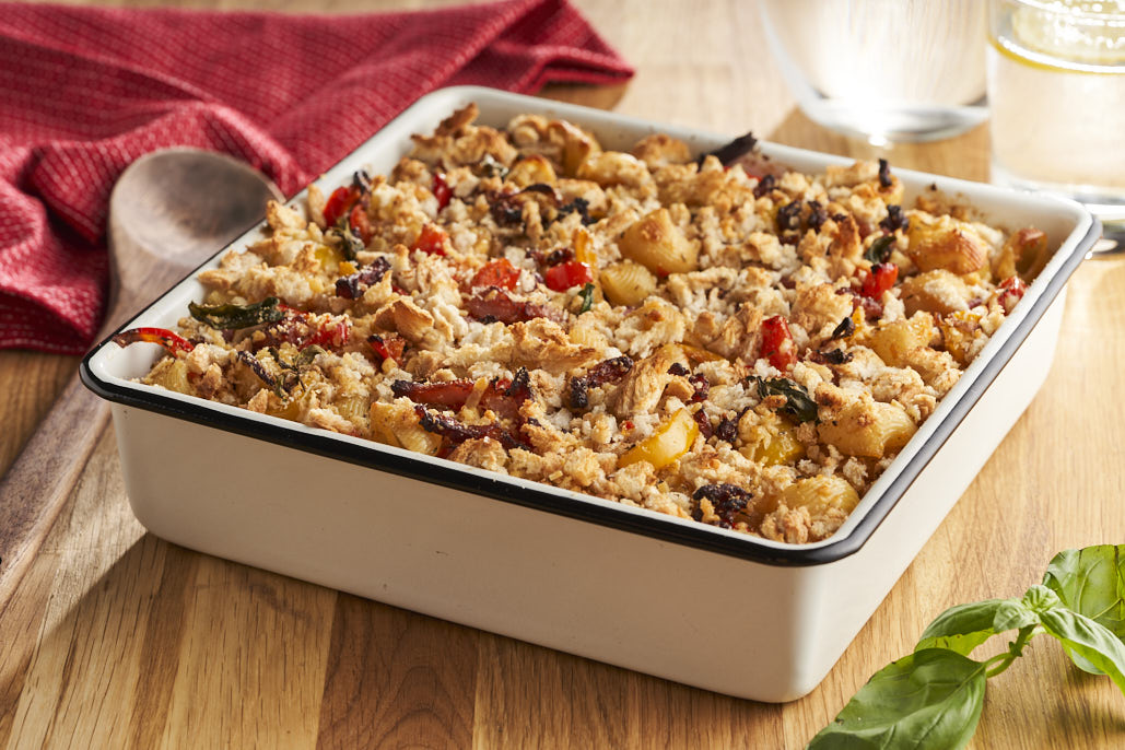 Pasta peperonata uit de oven met spekjes