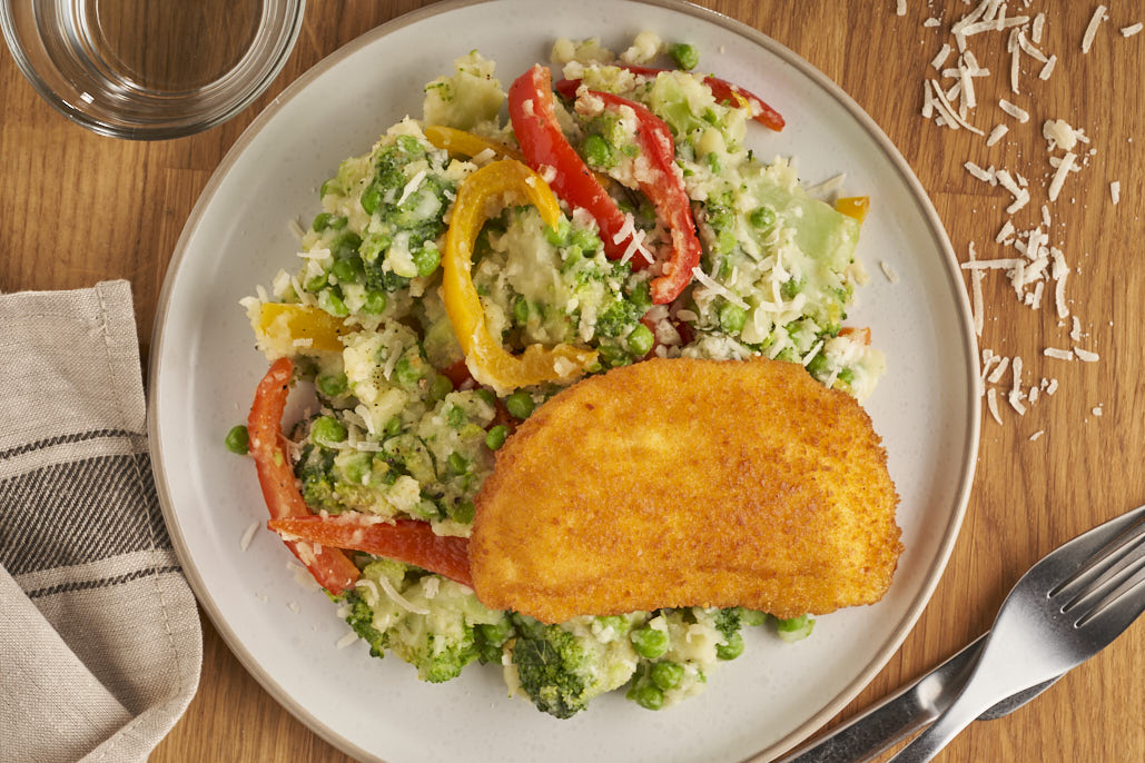 Broccolistamppot met kaasschnitzel