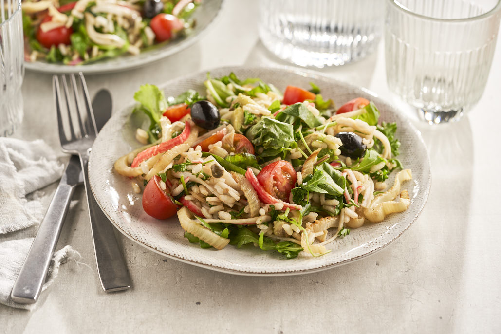 Spinaziesalade met krab, venkel en avocado