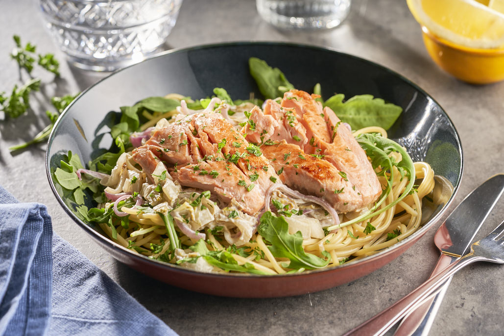 Romige witlofpasta met zalm