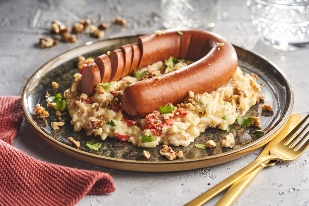 Bloemkoolstamppot met geroosterde paprika en rookworst