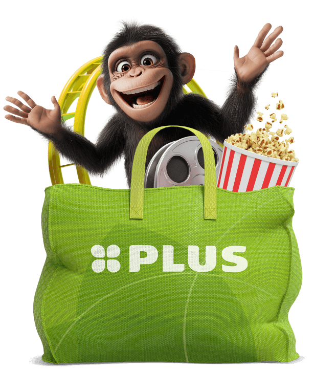 Groene PLUS-tas gevuld met een filmrol, popcorn en een vrolijk aapje, met op de achtergrond een gele achtbaan.