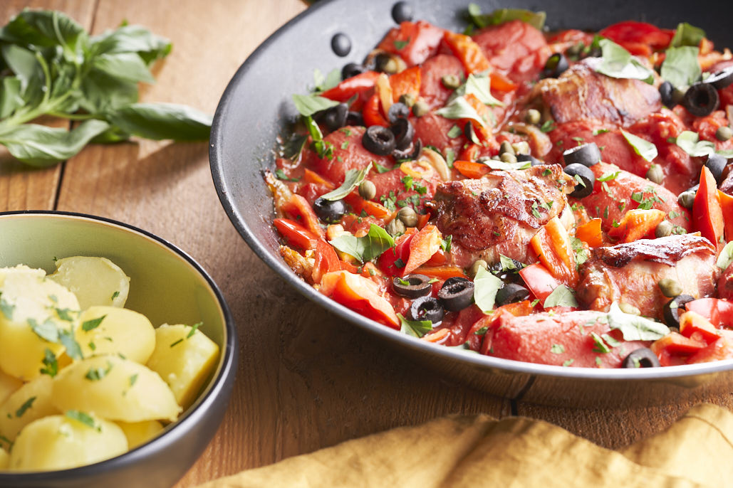 Toscaanse kip met bacon en gekookte aardappeltjes