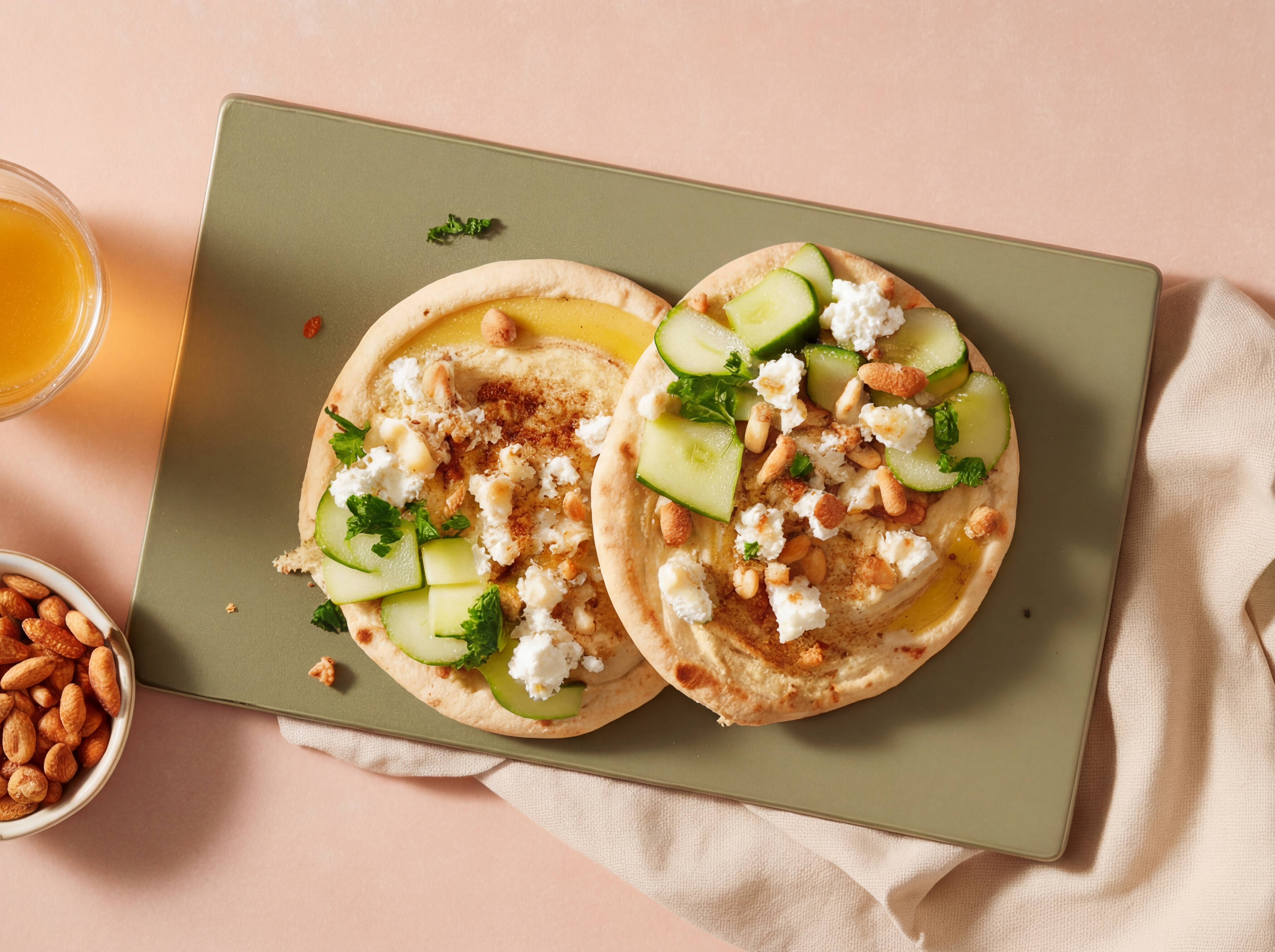 Rijkgevulde hummus-pita's met feta en pijnboompitten