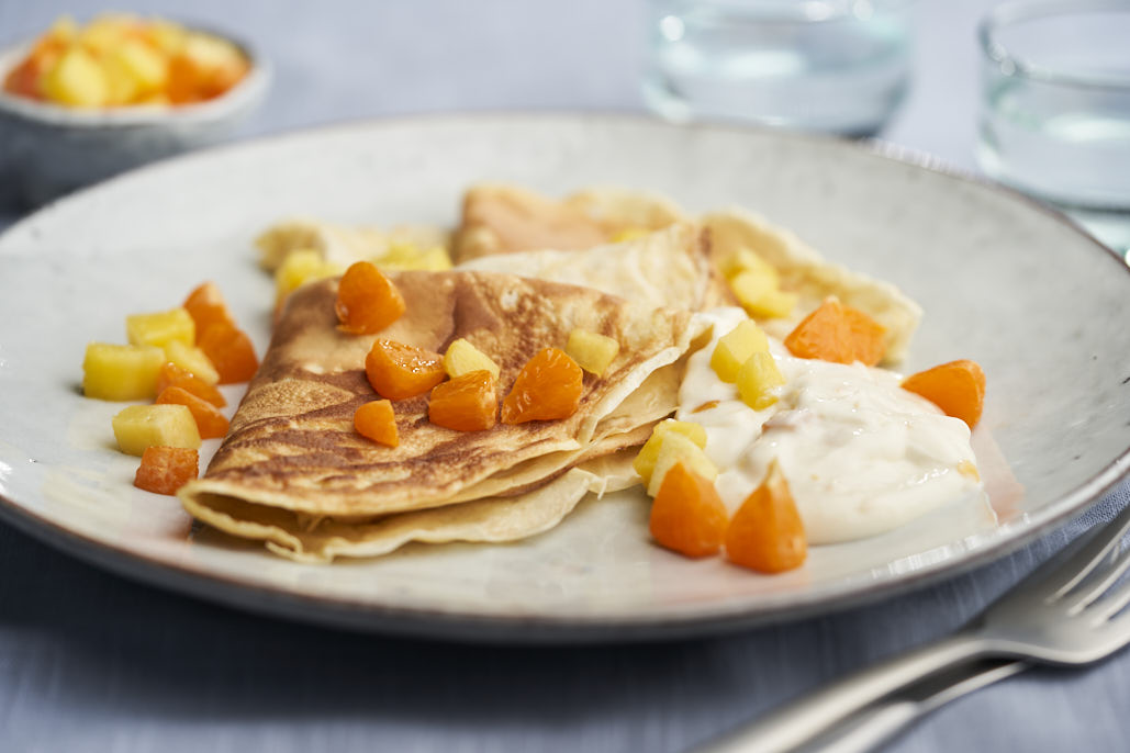 Crêpes met mandarijn, mango en kwark