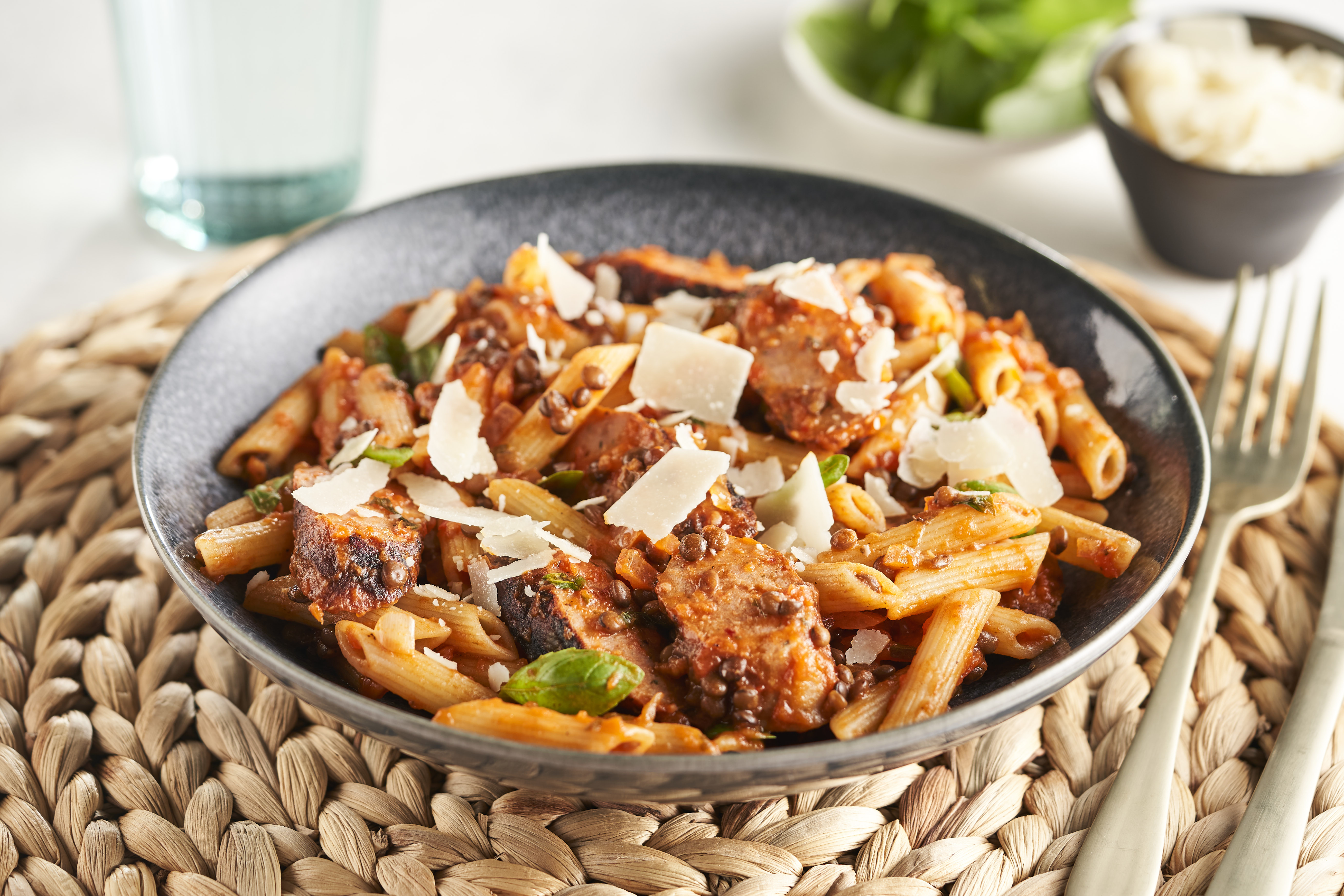 Pasta met worstjes en linzen