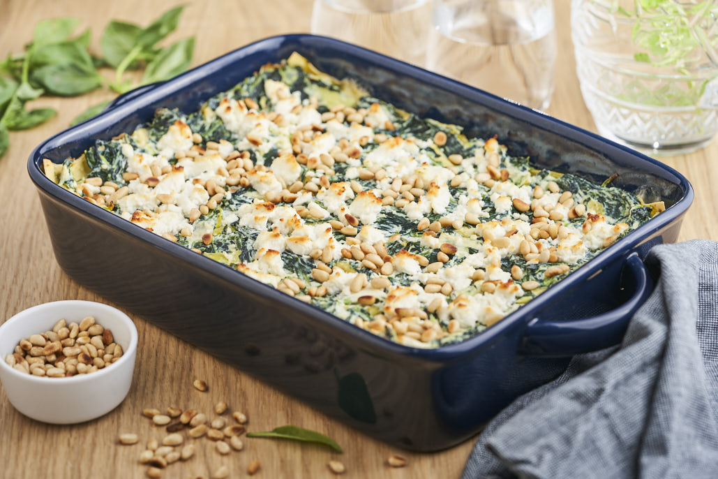 Vegetarische groentelasagne met spinazie en prei