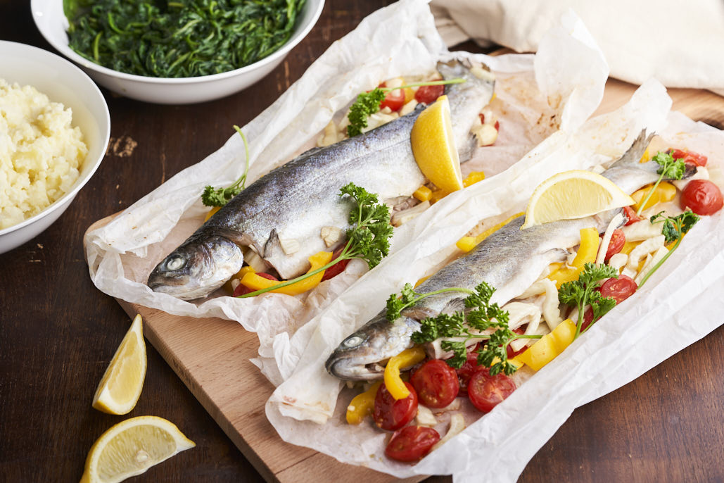 Aardappel-bloemkoolpuree met vispakketjes