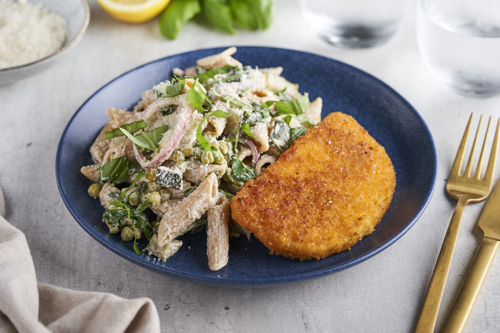 Volkoren pasta met spinazie, erwtjes, courgette en Valess Milner