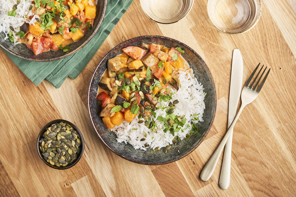 Vegetarische auberginecurry met pompoen 