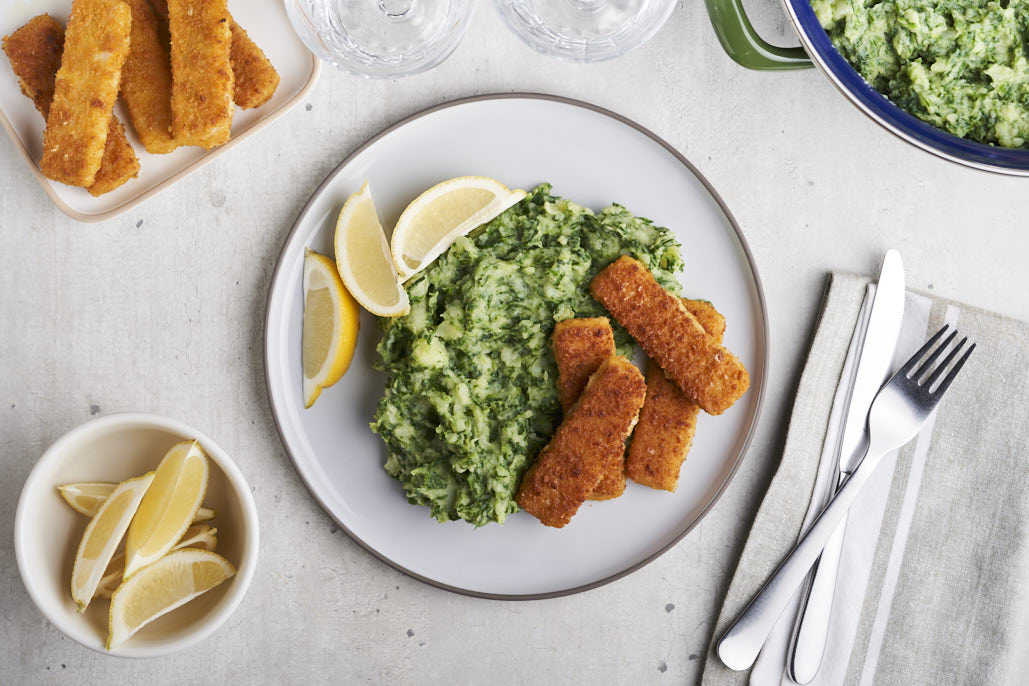 Spinaziestamppot met vissticks