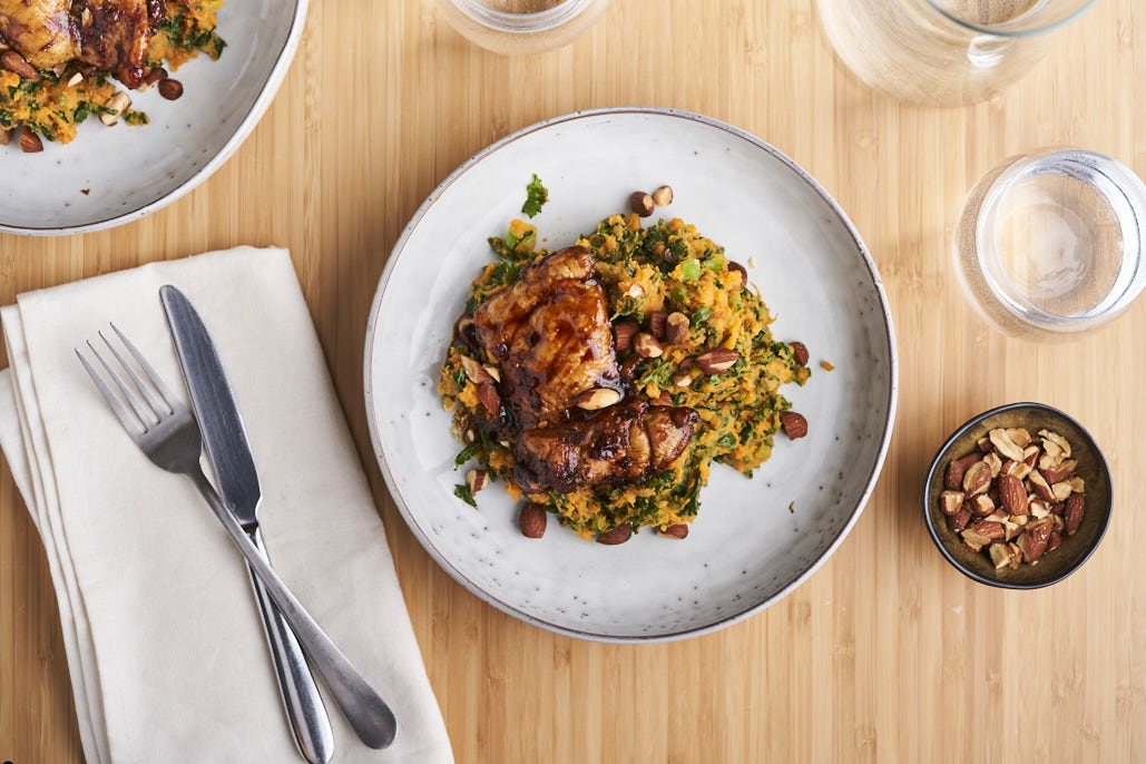 Boerenkoolstamppot met zoete aardappel en sinaasappelkip